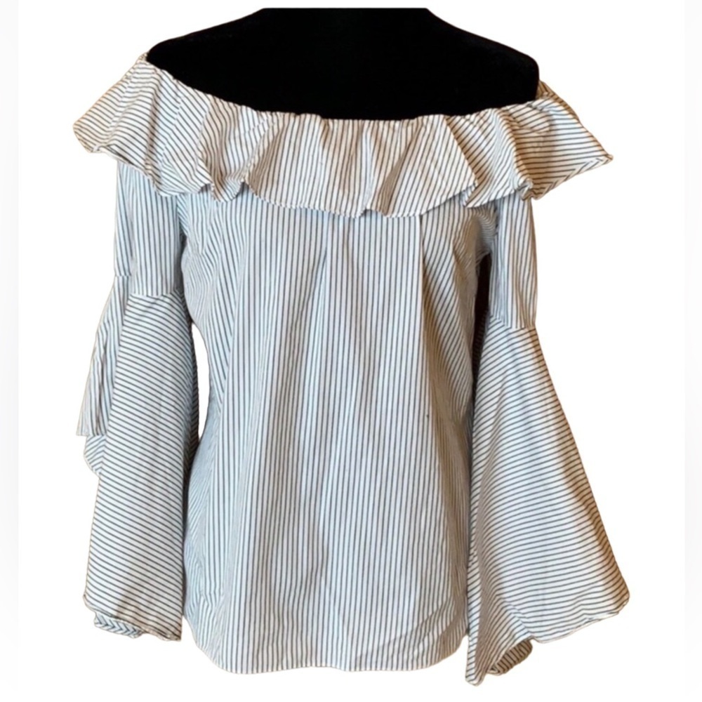 V Cristina pinstripe off shoulder blouse with bell sleeves Size Small